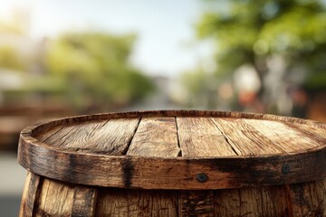 Naklejka premium Wooden barrel top, out-of-focus park background