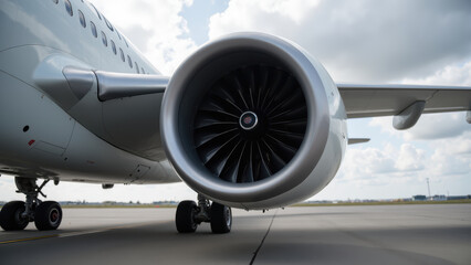 High performance aircraft engine with detailed turbine blades, showcasing engineering excellence and aviation technology on runway