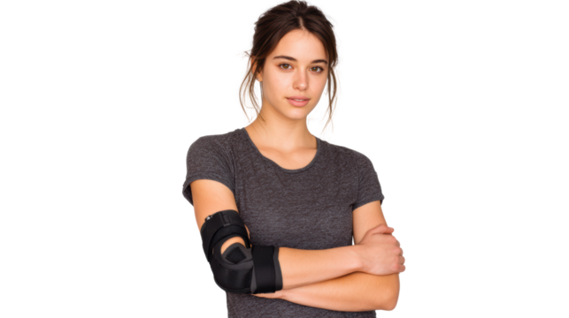 Young woman recovering from an injury, wearing a supportive arm brace, isolated on a white background.