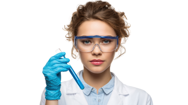 Young female scientist in lab coat holding test tube with blue gloves, isolated on white background.