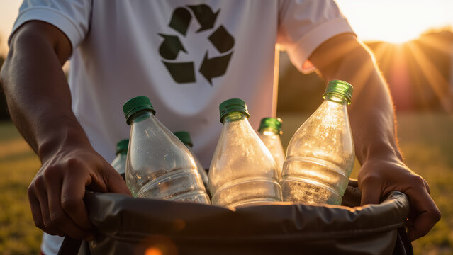 Recycling bottles in bag, eco friendly initiative, sunset background, environmental awareness, sustainability focus, outdoor activity