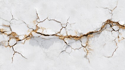 Cracked white stucco or plaster wall.  Deep fissures, gold-toned,  horizontal