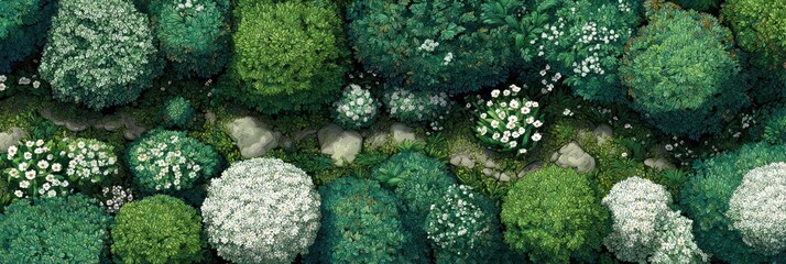 High-angle view of a landscaped garden with rounded bushes, stones, and white flowers