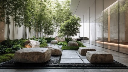 Serene indoor garden oasis with stones, bamboo, and lush greenery