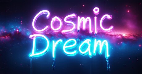 Obraz premium Bright neon sign displays Cosmic Dream against vibrant galaxy backdrop. Colors blend, creating dreamy aesthetic.