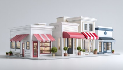 3D model of a small town shopping street.  Colorful shops