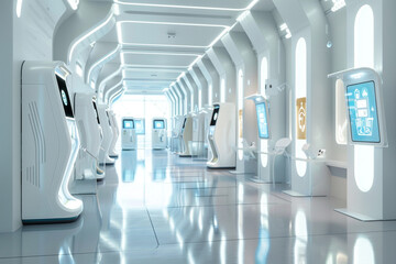 A futuristic health clinic with advanced diagnostic kiosks and AI-driven consultation rooms