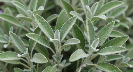 Close-up of sage leaves, fresh green herb in natural outdoor light