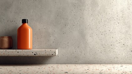 Minimalist bathroom decor with orange bottle and small jar on a shelf