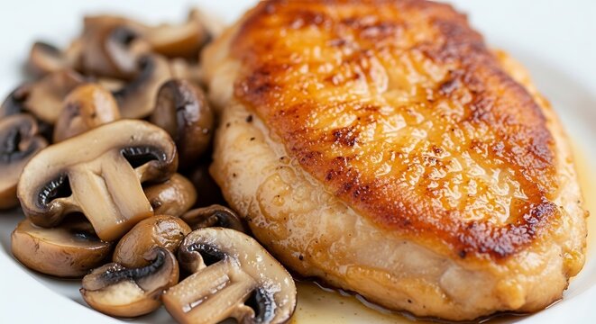 Golden-brown pan-seared chicken breast accompanied by saut?ed mushrooms.