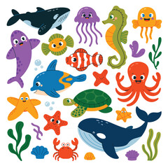 Cute cartoon sea creatures and marine life on white background whale dolphin
