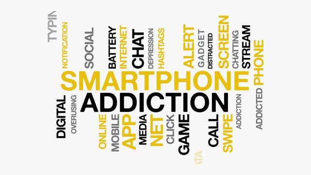 Smartphone addiction concept Animated Tag Word Cloud kinetic typography, Text Design Animation typography seamless loop video motion graphics Intro, Word Art Looping Text effects yellow black grey typ