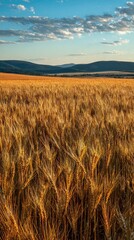 Golden wheat field under a blue sky, mountains in the distance