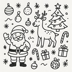 Merry Santa and reindeer festive doodle elements