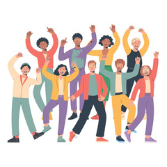 Diverse group of people celebrating with raised hands on white background diversity