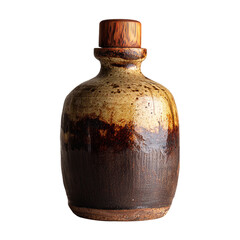 Rustic ceramic bottle with a wooden stopper, isolated on transparent background, showcasing earthy tones and handmade craftsmanship for vintage decor