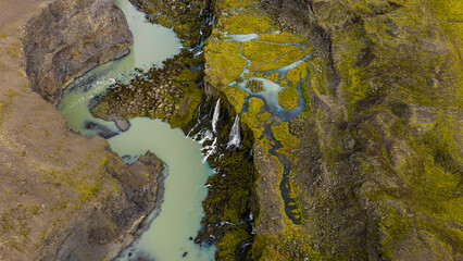 Aerial View of Turquoise River and Waterfalls in Icelandic Landscape
