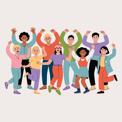 Diverse group of smiling people raising their hands in celebration happy