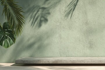 Light-filled, neutral display platform with tropical foliage