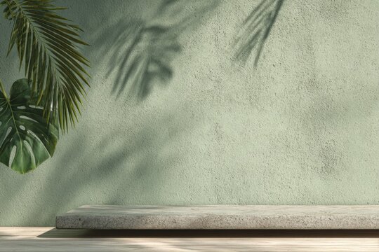 Light-filled, neutral display platform with tropical foliage
