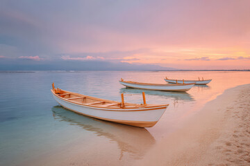 Fototapeta premium experience enchanting bali vibe as traditional wooden vessels drift gracefully against backdrop of breathtaking