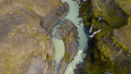 Aerial View of Milky Blue River and Waterfalls in Icelandic Gorge
