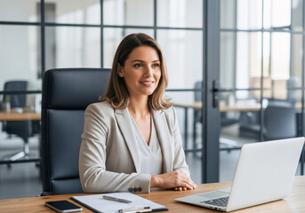 Professional in a Modern Office: A poised woman in a smart blazer sits at her office desk, radiating confidence as she navigates her laptop in an elegant, well-lit space.
