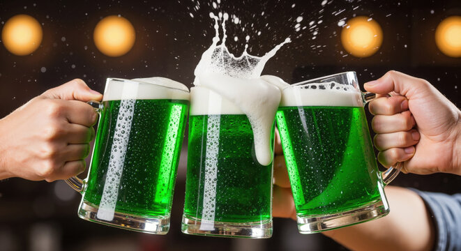 Green beer foam splash flying in motion blur from three clinking toast mugs amid warm pub lights. St. Patrick’s Day, International Beer Day