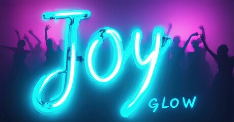 Bright neon sign spells Joy above silhouetted crowd. Vibrant purple, blue hues create energetic atmosphere. Glow text adds visual interest.