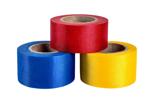 Three rolls of colorful self adhesive bandage in red, blue, and yellow isolated on transparent background