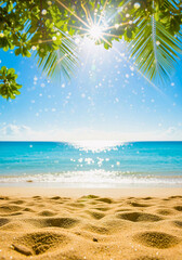 Obraz premium Serene Beach: Capturing the essence of a perfect sunny day, the image reveals an untouched sandy beach that meets the azure sea under a bright, cloudless sky.