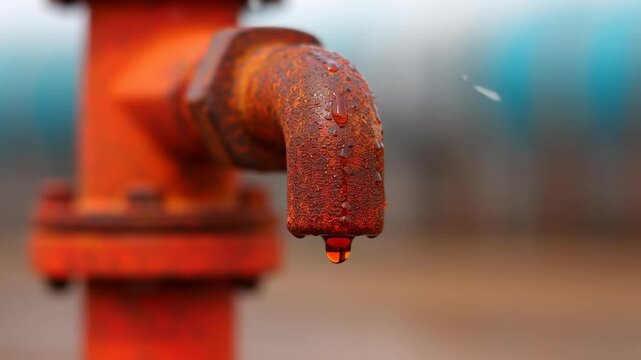 Construct worker factory, rusty pipe with dripping liquid