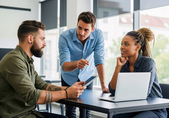 Collaborative Discussion: A diverse team engages in a focused discussion within a modern office setting, using a tablet and laptop to share ideas, fostering teamwork.
