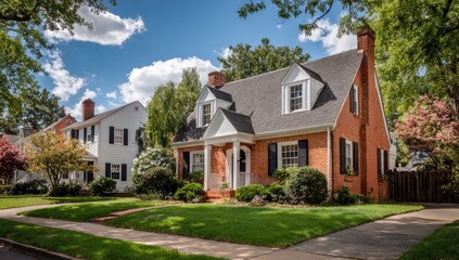 Two charming houses in a leafy suburban street under a partly cloudy sky.