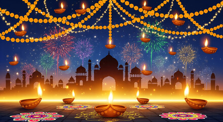 Obraz premium Diwali Festival of Lights: Illuminated Mosque Silhouette, Rangoli, Diyas, and Fireworks
