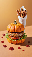 Gourmet pumpkin burger with cinnamon sticks and ketchup drizzle for autumn flavours. Halloween concept
