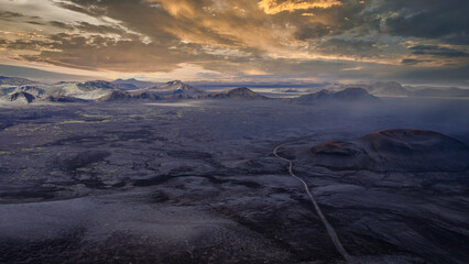Aerial View of Icelandic Volcanic Crater and Snow Capped Mountains