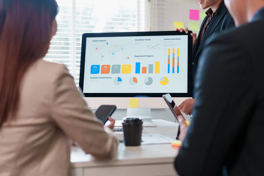 Team meeting analyzing colorful business charts and graphs on desktop monitor with smartphones and coffee creating focused collaborative energy - Powered by Adobe