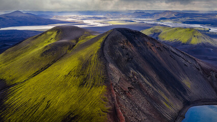 Aerial View of Iceland's Volcanic Ridges and Crater Lake