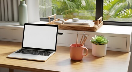 Tidy Workspace Desk organized neatly in tropical house soft pastel