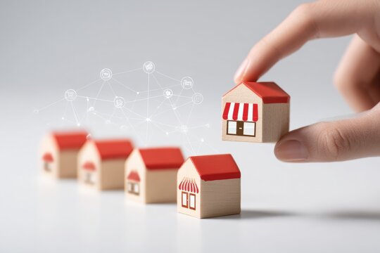 Hand placing a small wooden shop model amongst others - Powered by Adobe