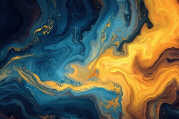 Obraz premium Abstract swirling colors in shades of gold, blue, and dark brown. A mesmerizing blend of paint