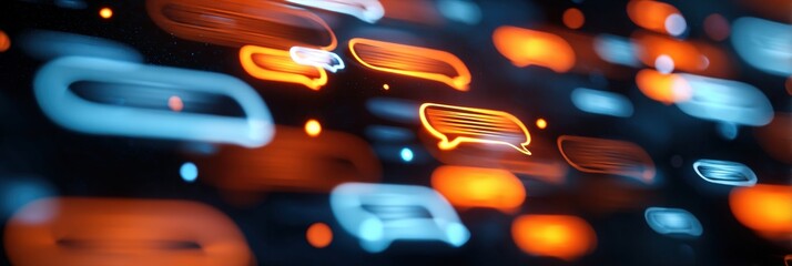 Abstract display of glowing, blurred, orange and blue shapes resembling speech bubbles.  Dynamic visual