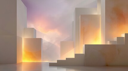 Abstract 3D illustration of geometric shapes and blocks in a serene environment, illuminated by soft light, creating a tranquil and modern atmosphere for design purposes