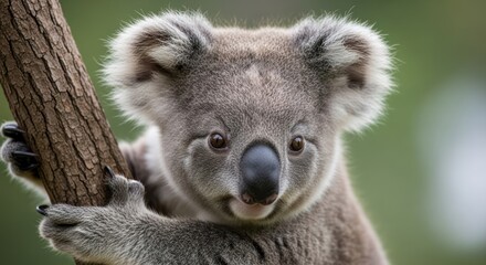 Cute koala bear clinging to a tree branch in a natural setting