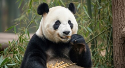 Obraz premium Giant panda eating bamboo against a natural green backdrop.