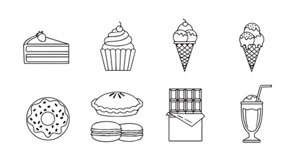 Collection of sweet dessert icons in a simple line drawing silhouette style