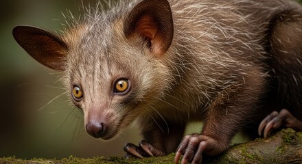 Obraz premium Close-up portrait of an aye-aye lemur in natural forest setting.