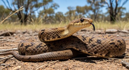 Rattlesnake coiled and ready to strike in the dry Australian outback.