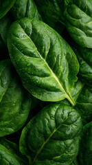 Fototapeta premium Fresh green spinach leaves with water drops. Healthy food concept for a vegetarian diet and organic farming.